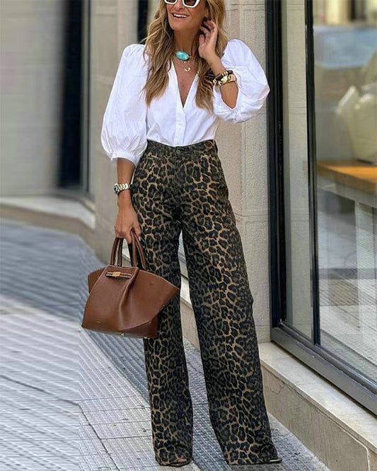 Facerya Blouse And Leopard Print Pants Set