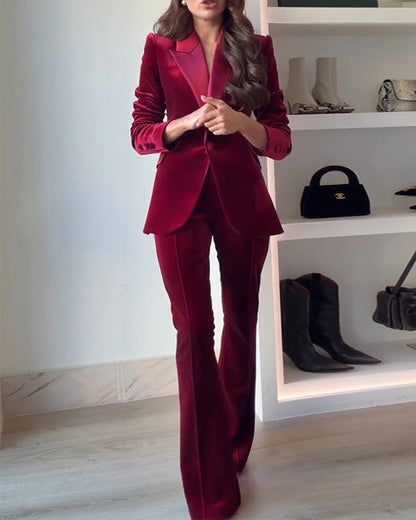 Facerya Velvet Blazer Suit & Loose Pants Set