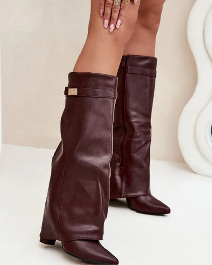 Facerya Pointed Toe Knee High Leather Boots