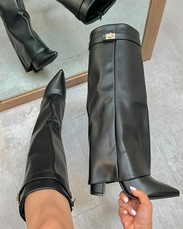 Facerya Pointed Toe Knee High Leather Boots
