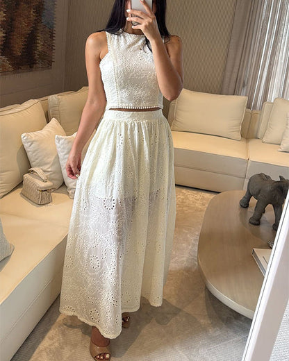 Facerya Cotton Hollow Out Sleeveless Top And Skirt Set