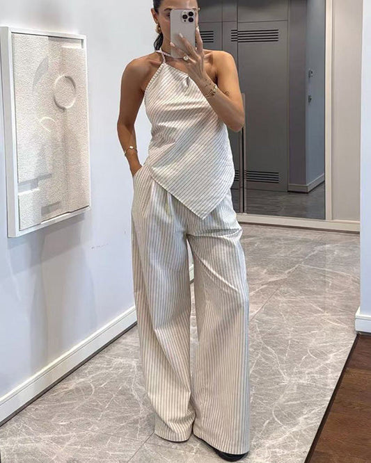 Facerya One-Shoulder Irregular Stripe Top And Pants Set