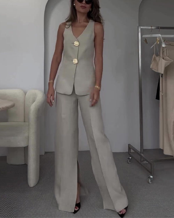 Facerya Gold Button Vest And City Pants Set (12 Colors)