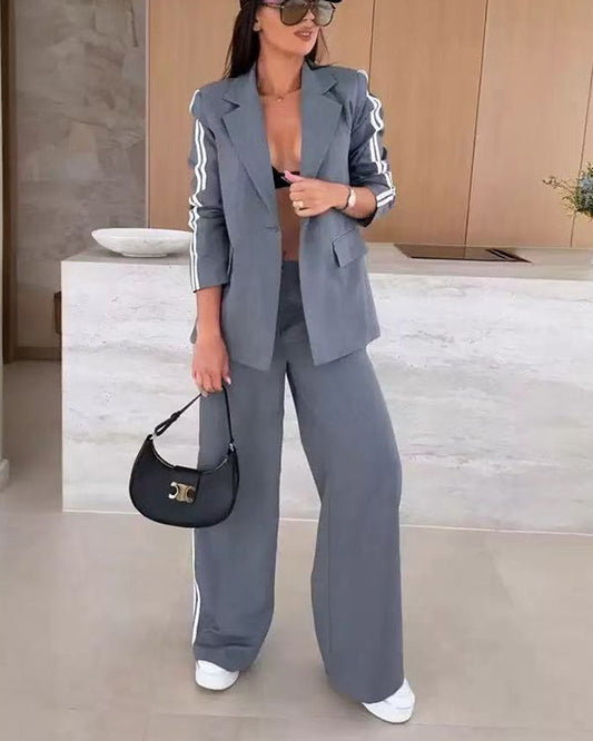 Facerya Lapel Patchwork Jacket And Loose Pants Suit Set