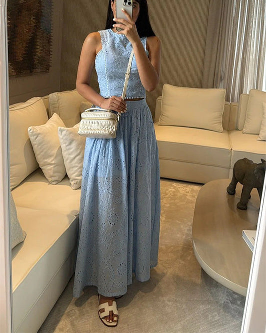 Facerya Cotton Hollow Out Sleeveless Top And Skirt Set