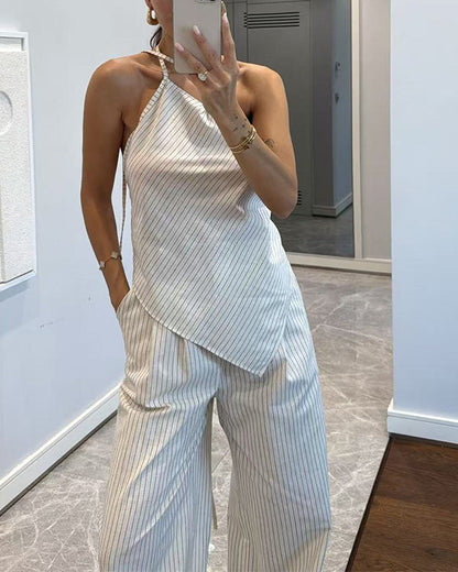 Facerya One-Shoulder Irregular Stripe Top And Pants Set