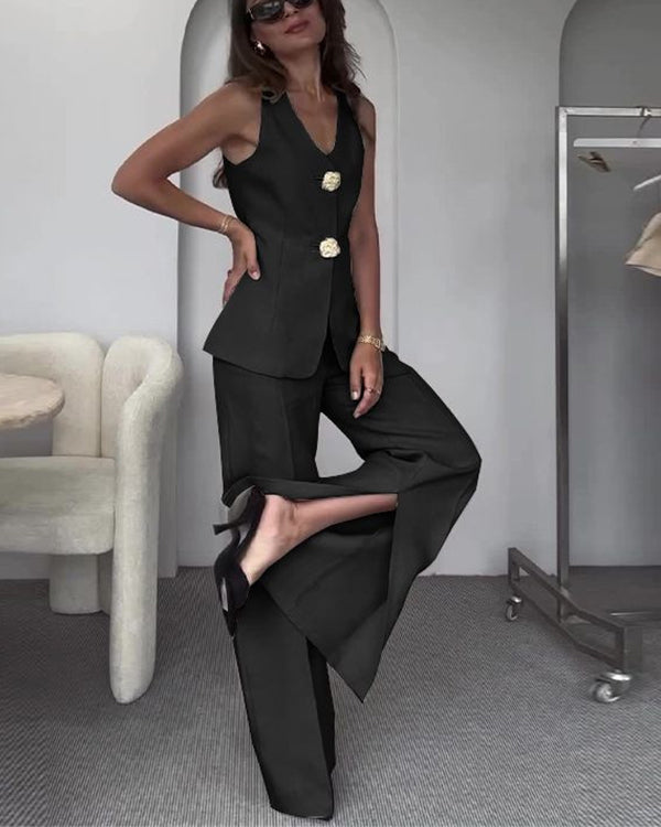 Facerya Gold Button Vest And City Pants Set (12 Colors)