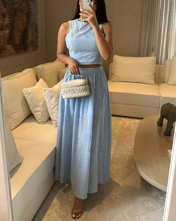Facerya Cotton Hollow Out Sleeveless Top And Skirt Set
