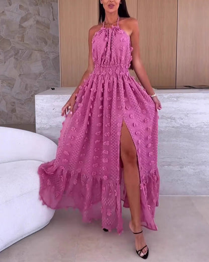 Facerya Halter Neck Backless 3D Floral Dress