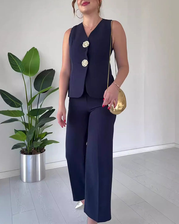 Facerya Gold Button Vest And City Pants Set (12 Colors)