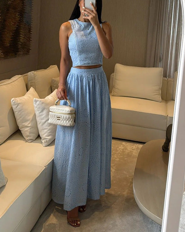 Facerya Cotton Hollow Out Sleeveless Top And Skirt Set