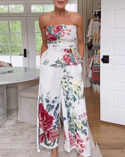 Facerya Printed Wrap Strapless Top And Pants Set