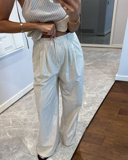 Facerya One-Shoulder Irregular Stripe Top And Pants Set