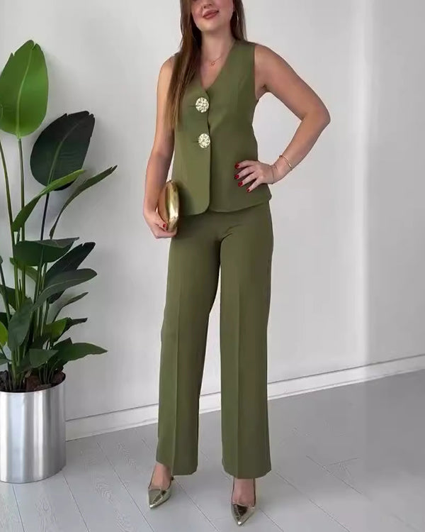 Facerya Gold Button Vest And City Pants Set (12 Colors)