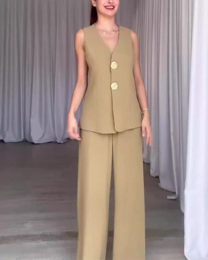 Facerya Gold Button Vest And City Pants Set (12 Colors)