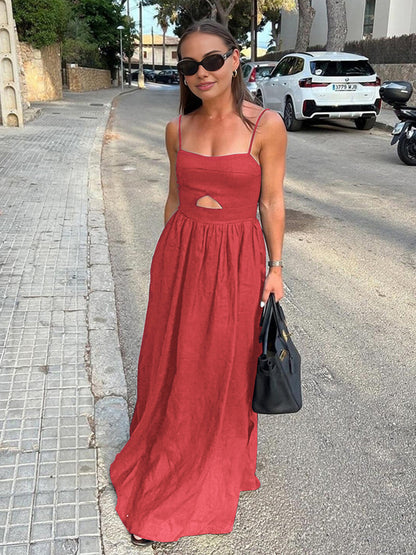 Cotton Sleeveless Pockets Cutout Long Dress