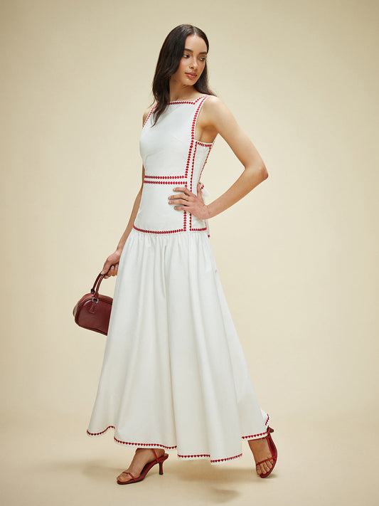 Cotton Contrast Trim Back Tie Dress