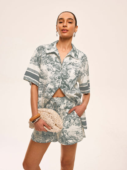 Printed Contrast Trim Shorts Set