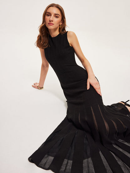 Semi-Sheer Mesh Flared Dress Without Belt