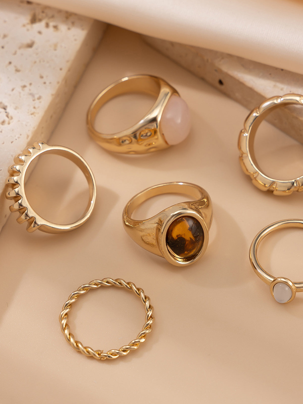 Six-Piece Mixed Stone & Texture Ring Set