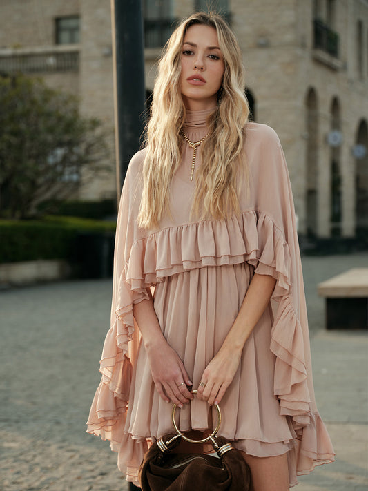 Semi-Sheer Chiffon Ruffle Dress With Outer Cape
