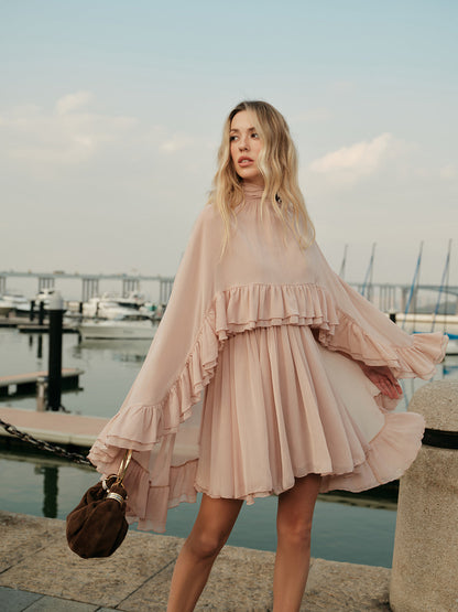 Semi-Sheer Chiffon Ruffle Dress With Outer Cape