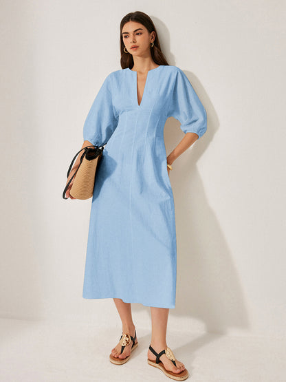 Cotton & Linen Puff Sleeve Dress Without Belt