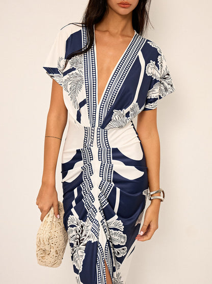 Printed Deep V-Neck Midi Dress Without Belt