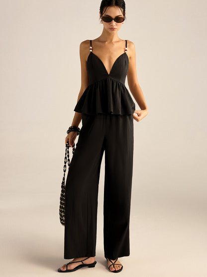 Cotton Peplum Beaded Straps Top and Pants set