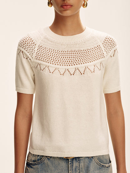 Short-Sleeve Eyelet Knit Sweater
