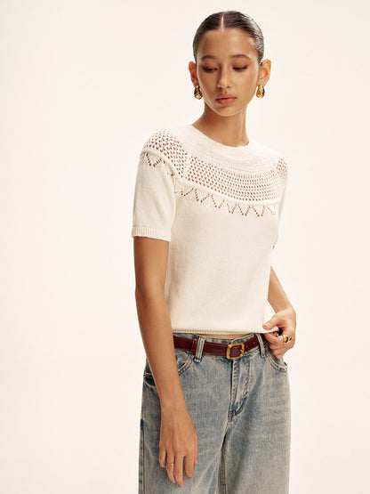 Short-Sleeve Eyelet Knit Sweater