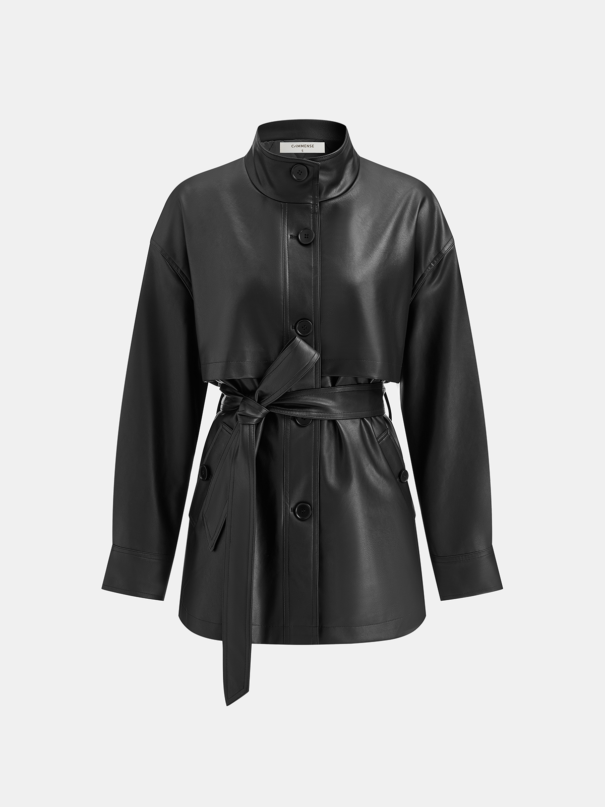 Stand Collar Belted PU Leather Quilted Jacket