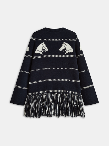 Horse-Pattern Wool Blend Fringe Cardigan