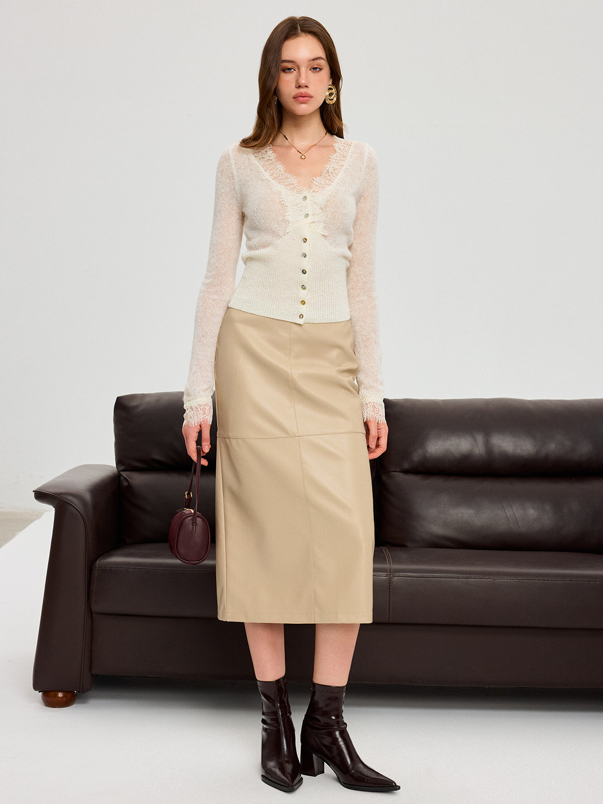 Wool Blend Lace V-Neck Button Knit Top