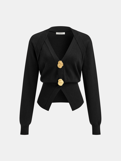 Metal Detail V-Neck Wool Blend Sweater