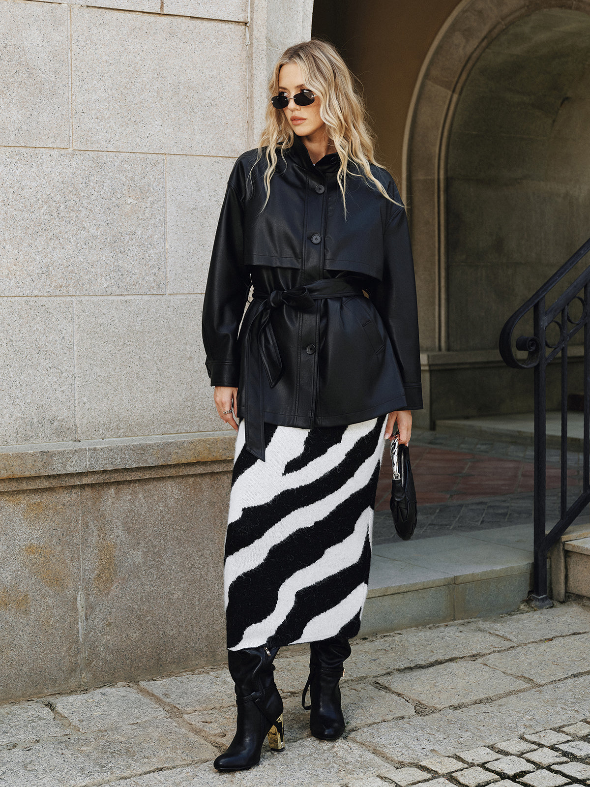 Stand Collar Belted PU Leather Quilted Jacket