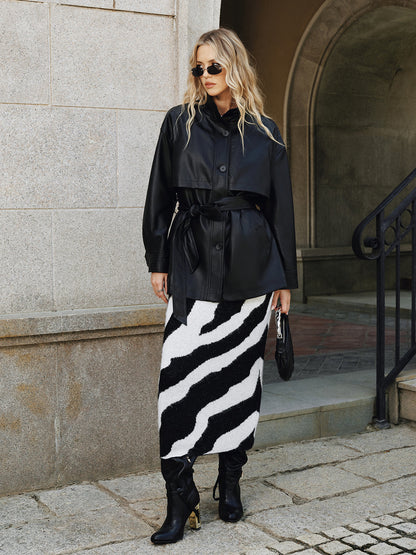 Stand Collar Belted PU Leather Quilted Jacket