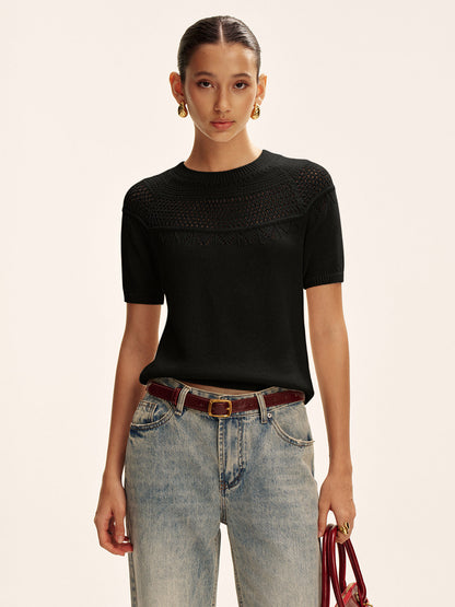 Short-Sleeve Eyelet Knit Sweater