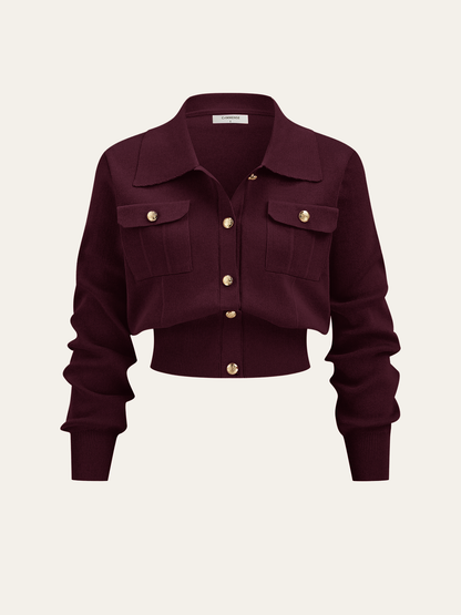 Metal Button Collared Cardigan and Midi Skirt Set