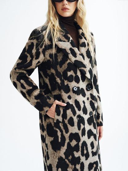 Leopard Print Wool-Blend Double-Breasted Coat