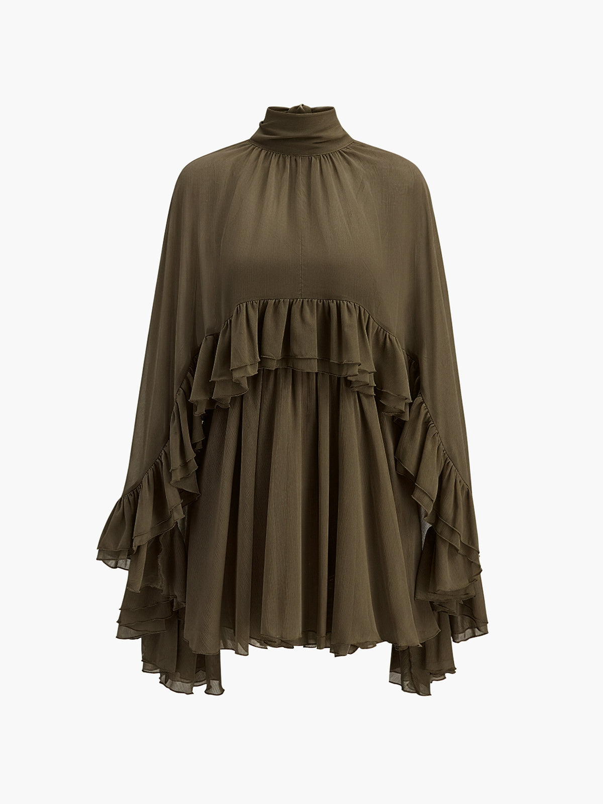 Semi-Sheer Chiffon Ruffle Dress With Outer Cape