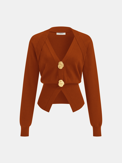 Metal Detail V-Neck Wool Blend Sweater