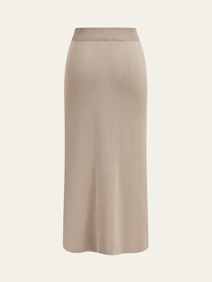 Metal Button Collared Cardigan and Midi Skirt Set