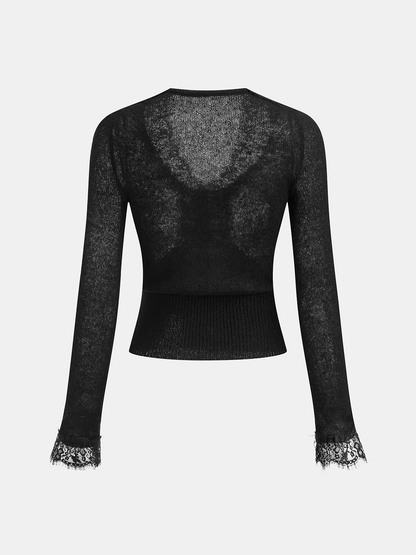 Wool Blend Lace V-Neck Button Knit Top