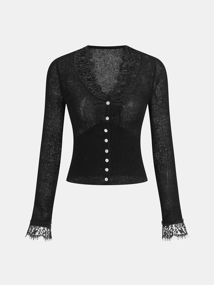 Wool Blend Lace V-Neck Button Knit Top