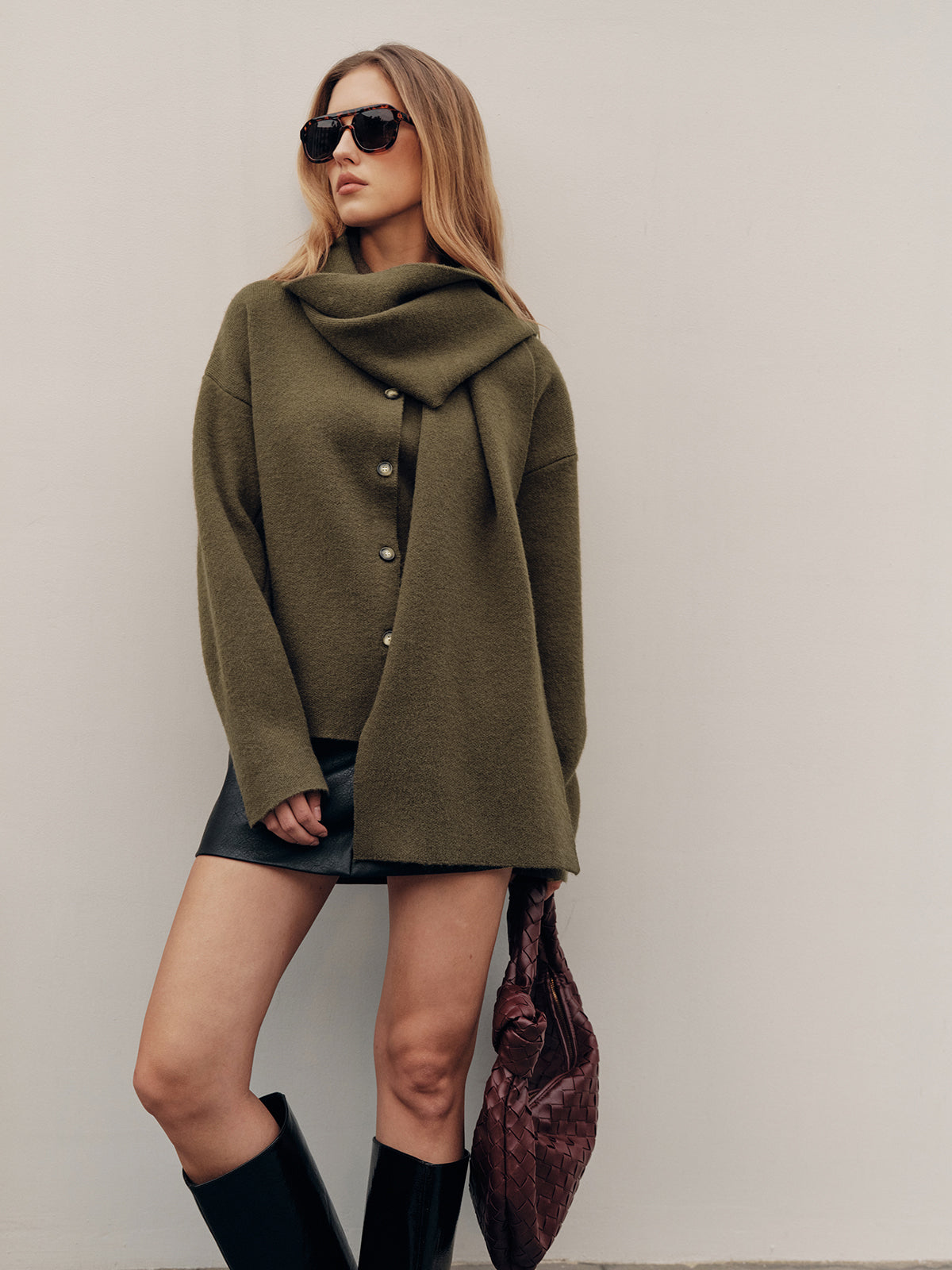 Button-Front Knit Cardigan with Scarf Detail