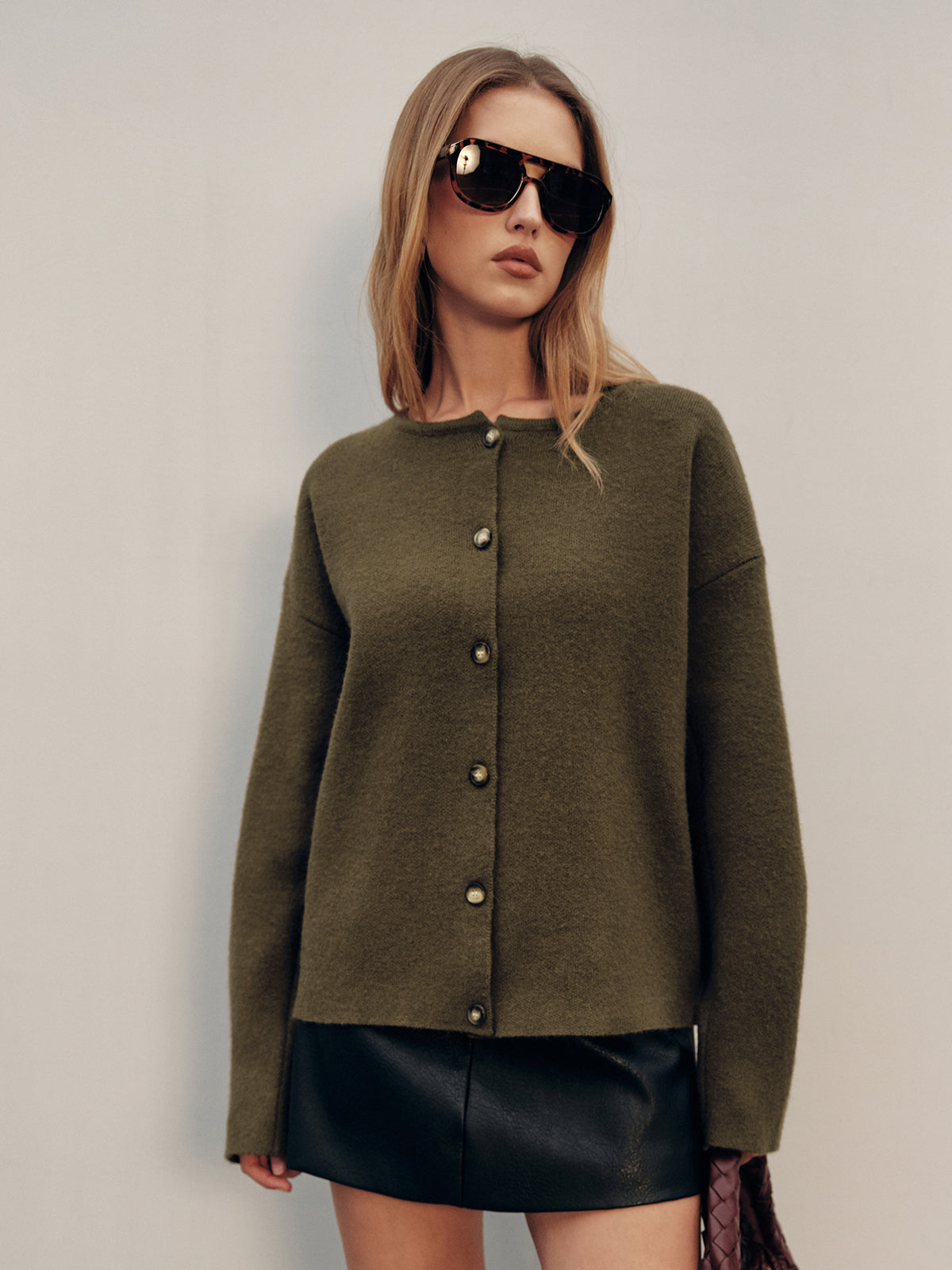 Button-Front Knit Cardigan with Scarf Detail