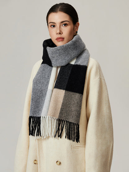 Fringe Detail Checkered Wool Scarf