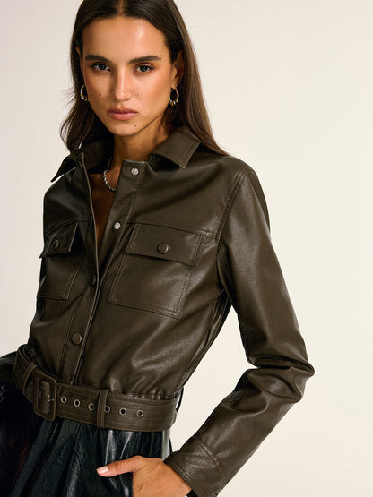 Belted PU Leather Cargo Shirt Jacket