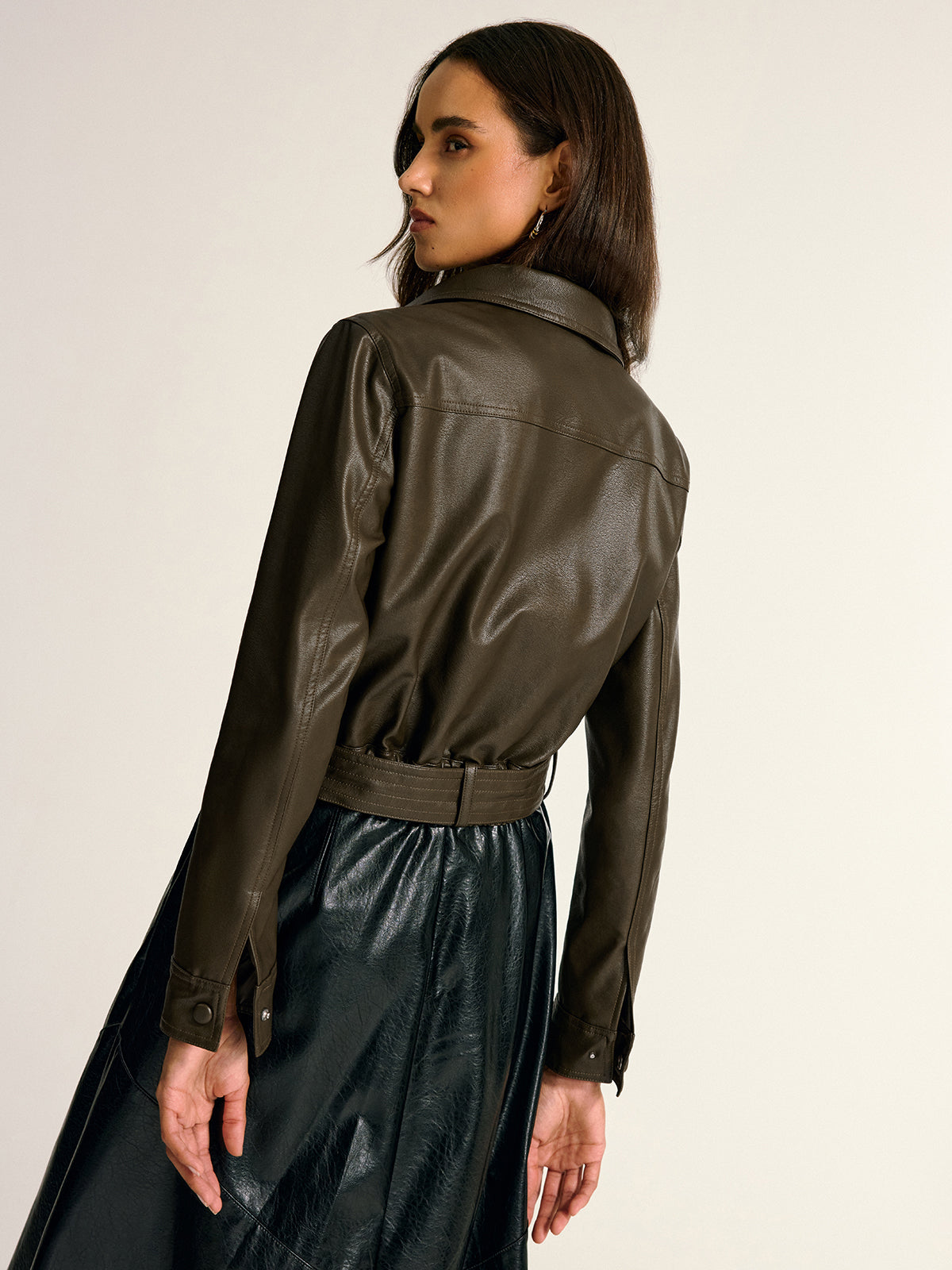 Belted PU Leather Cargo Shirt Jacket
